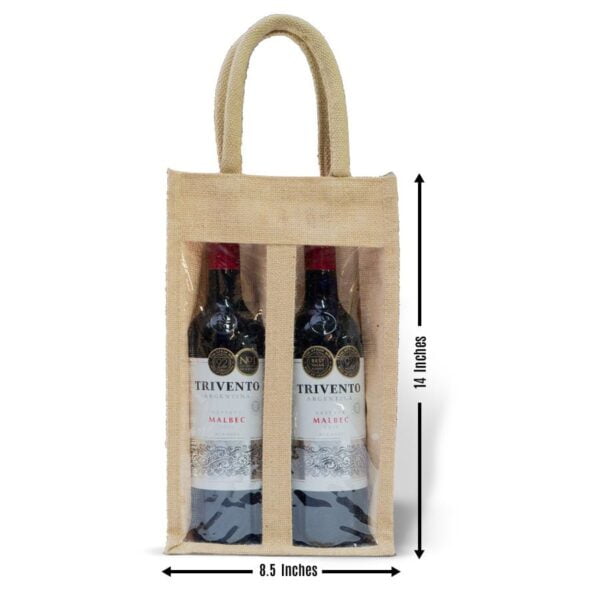 Bottle Bag made from jute with widow and Gusset for 2 wine bottles with dimensions
