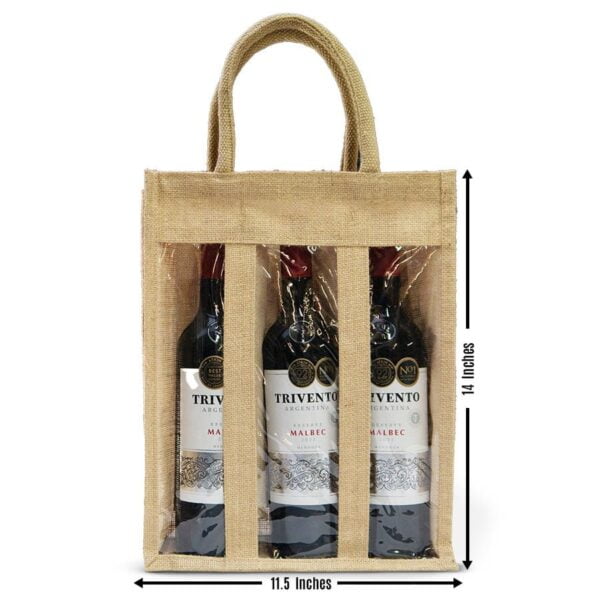 Bottle Bag made from jute with widow and Gusset for 3 wine bottles with dimensions